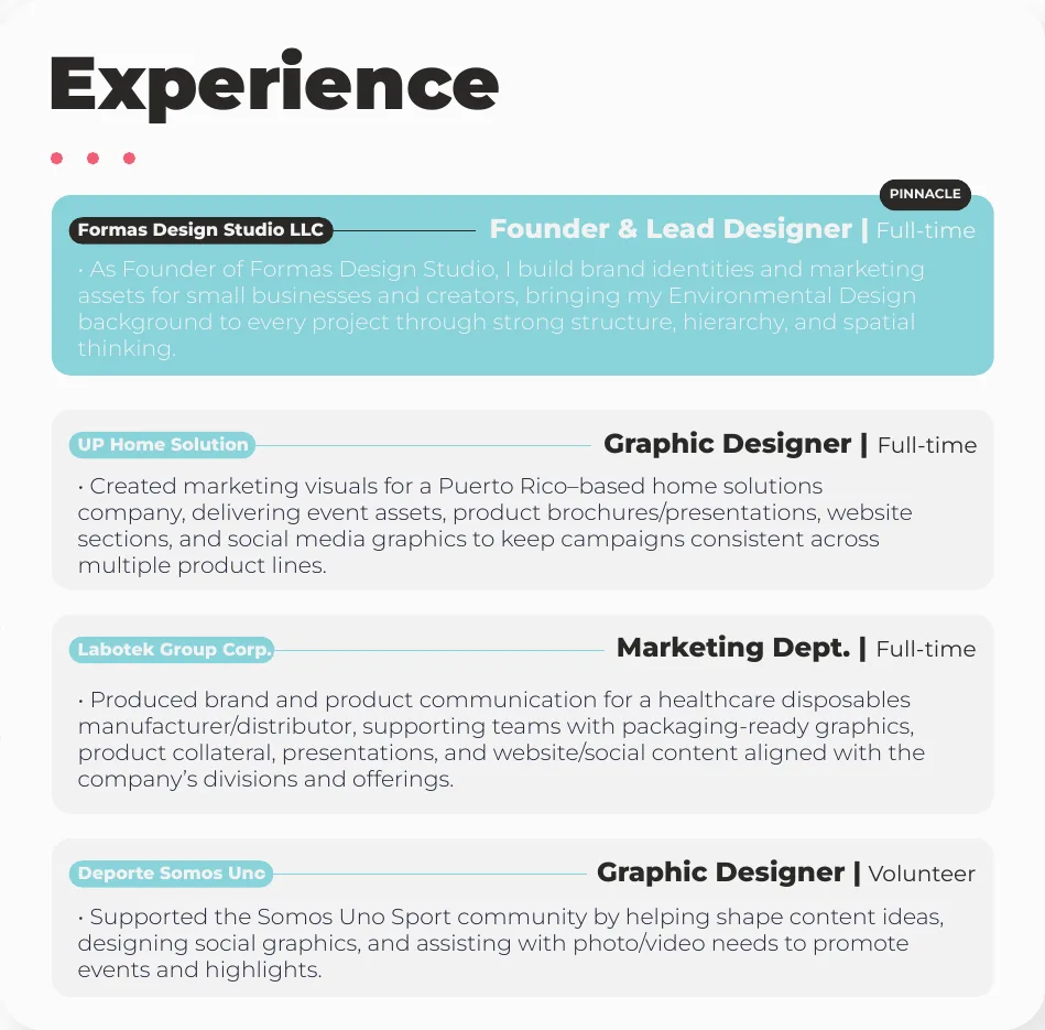 Experience: Founder & Lead Designer at Formas Design Studio LLC; Graphic Designer; Marketing Dept.; Graphic Designer (volunteer)